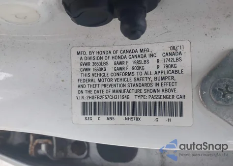 2012 Honda Civic Lx z USA, uszkodzony, nr VIN 2HGFB2F57CH311946